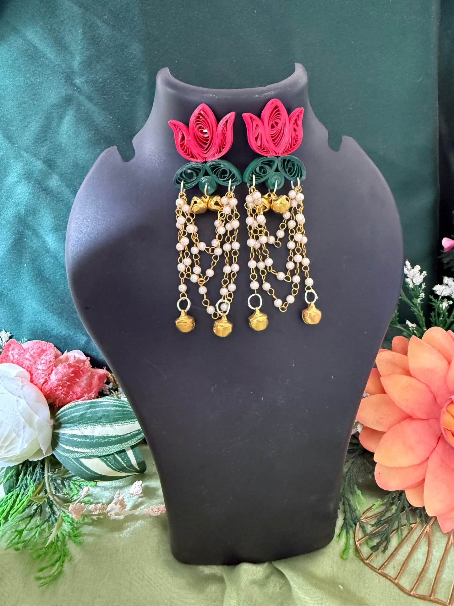 Lotus kashmiri jhumka (Pink and Green)