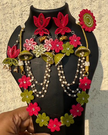 Kumud jhumka - Pink/Green (Earring, Necklace, ring, mangtika)