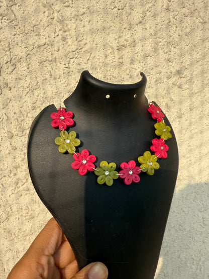 Kumud jhumka - Pink/Green (Earring, Necklace, ring, mangtika)